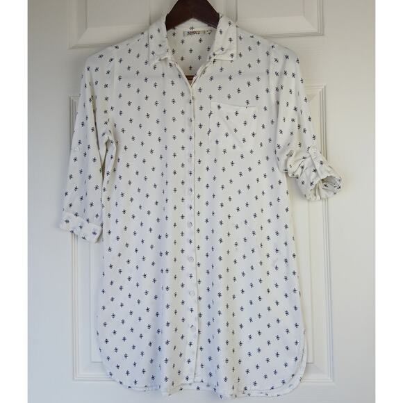 People Fleur-de-lis Button Up Blouse Small white roll tab sleeves vintage 90s - Picture 3 of 14